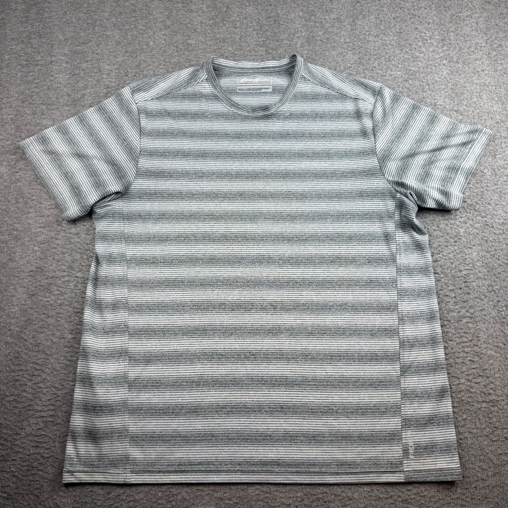Eddie Bauer T-Shirt Men's Large Grey Striped FreeDry Short‎ Sleeve Performance
